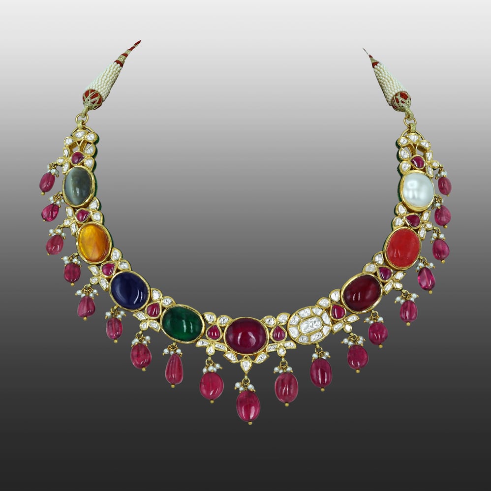 Navratan Necklace with Polki Diamonds and Ruby Drops